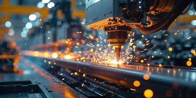 Laser cutting machine in operation producing sparks in a modern industrial setting photo