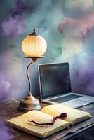 Cozy workspace with a lamp, open book, and laptop set against a colorful abstract background photo
