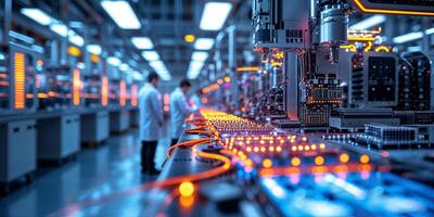Advanced manufacturing facility showcasing robotic automation and assembly lines during evening operations photo