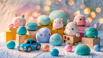 Cute pastel toys and decorations arranged playfully on a surface with soft lighting and warm bokeh background photo
