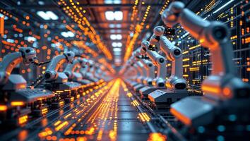 Robotic arms working together in a highly automated factory during a late-night production shift photo