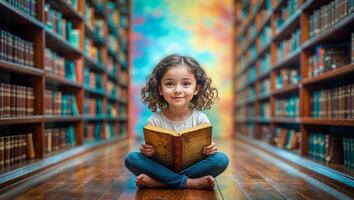 Young child reading a book while sitting on the floor of a library surrounded by shelves of books photo