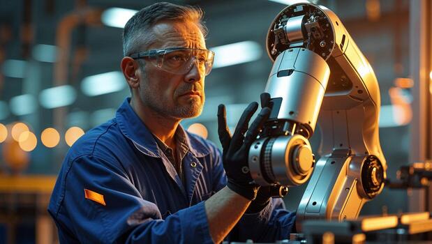 Skilled technician assembling a robotic arm in a modern workshop environment during early evening hours photo