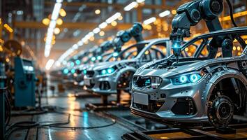 Robots assembling cars in a modern automotive factory during a busy production shift photo