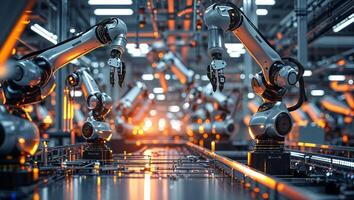 Advanced robotic arms automate assembly line tasks in a high-tech manufacturing facility photo