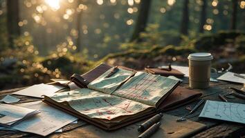 Exploration planning in a serene forest with morning light illuminating maps and tools photo