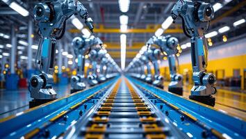 Advanced robotic arms assemble products on an automated production line in a modern manufacturing facility photo