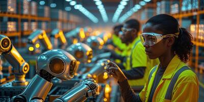 Engineers collaborating with advanced robots in a modern manufacturing facility at night photo