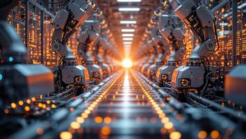 Advanced robotic assembly line showcases technological innovation in modern manufacturing facilities photo