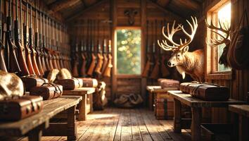 Rustic interior of a hunting cabin with mounted deer head and row of rifles in natural light photo