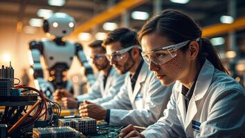 Engineers work on robotic systems in a modern laboratory during a collaborative project photo