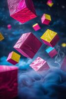 Colorful floating cubes create an abstract visual effect against a dark background with fog and vibrant colors photo