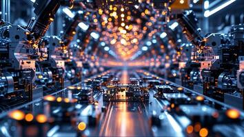 Advanced robotics assembly line operates seamlessly in a high-tech manufacturing facility at night photo