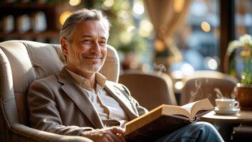Relaxation and joy in a cozy cafe while reading a book on a sunny afternoon photo
