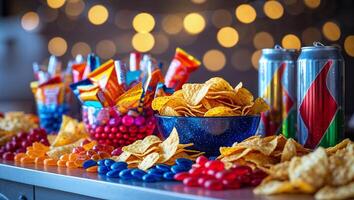 Colorful snack spread for a gathering with chips, candies, and drinks ready for enjoyment during a festive evening photo