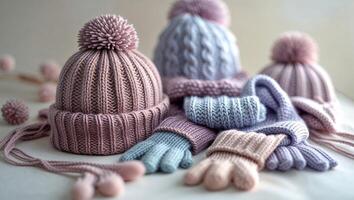 Cozy winter accessories featuring knitted hats and gloves in soft pastel colors displayed together on a light background photo