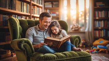 Father and daughter enjoy a cozy reading time in a warm library during golden hour photo