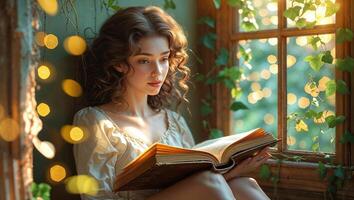 Captivating young woman reading a book by a sunlit window adorned with green ivy and soft glowing lights photo