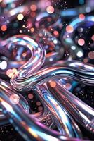 Intricate metallic strands intertwine in a colorful abstract composition with luminous bubbles photo