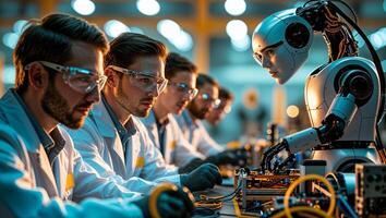 Engineers collaborate on robotics project in a modern laboratory during evening hours photo