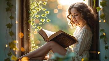 Young woman sitting by a sunny window reading a book with green vines and warm light surrounding her photo