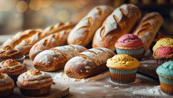 Freshly baked bread and colorful muffins displayed on a rustic wooden table in a cozy bakery setting photo