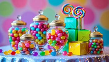 Colorful candy display with jars and lollipops arranged for a festive celebration photo