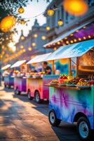 Colorful food carts line a lively street during golden hour, creating a festive atmosphere for visitors photo