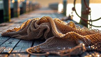 Fishing net draped on wooden dock glimmers under soft sunlight near water's edge at golden hour photo