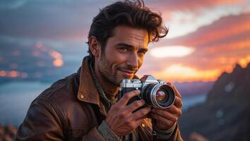 Man holds camera while enjoying sunset view over mountains and lake at golden hour photo