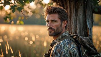 Man in camouflage stands by a tree in a golden-lit field during sunset, embracing the tranquility of nature photo