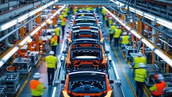 Automotive factory assembly line showcasing workers assembling modern vehicles in a well-lit industrial environment photo