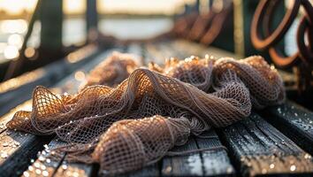 Fishing net rests on wooden dock during sunset at coastal location with soft light reflecting on water photo