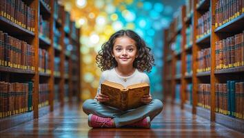 Young girl reading a book in a colorful library surrounded by bookshelves during a bright afternoon photo