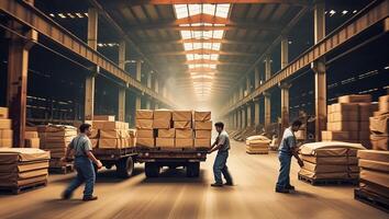 Workers transporting boxes in a large warehouse during daylight hours photo
