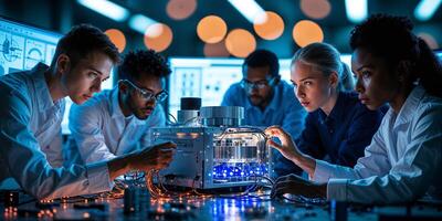 Team of scientists conducting experiments in a high-tech laboratory during evening research session photo