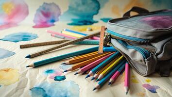Colorful stationery items arranged with a backpack and watercolor patterns on a table photo