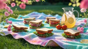 Enjoying a delightful picnic with sandwiches and refreshing lemonade on a sunny day surrounded by vibrant flowers photo