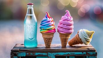 Colorful ice cream cones and a refreshing drink on a warm day in an outdoor setting with soft bokeh background photo