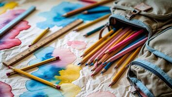 Brightly colored pencils scattered around a backpack on a watercolor patterned surface in a creative workspace photo