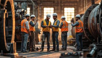 Construction workers collaborate during a project in a large, industrial workspace at sunset, showcasing teamwork and safety practices photo