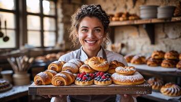 Smiling baker presents freshly baked pastries in a cozy bakery during morning hours photo