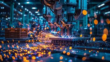 Manufacturing process with robotic arms creating sparks inside a high-tech factory photo