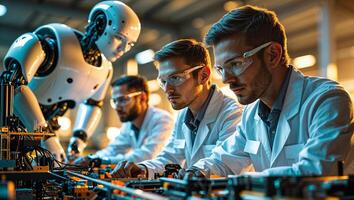 Engineers collaborate with a humanoid robot in a high-tech workshop focused on advanced robotics development photo
