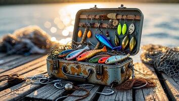 Fishing tackle box filled with colorful lures and equipment on a tranquil lakeside at sunset photo