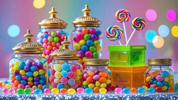 Colorful candy jars display vibrant sweets in a festive setting with bright backgrounds photo