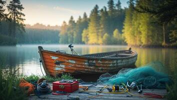 Weathered fishing boat rests on a tranquil lakeside at dawn with equipment scattered nearby photo