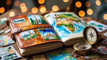 Travel planning with a colorful map, compass, passport, and postcards on a rustic wooden table photo