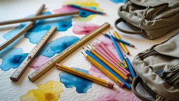 Art supplies scattered on a colorful watercolored background in a creative workspace during the afternoon photo