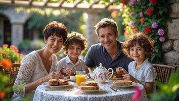 Family enjoys a sunny breakfast outdoors with fresh pastries and orange juice in a garden setting photo
